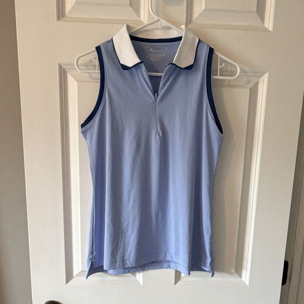 PETER MILLAR Sleeveless Golf Polo Top Sky Blue White Navy Collar Womens S NWT